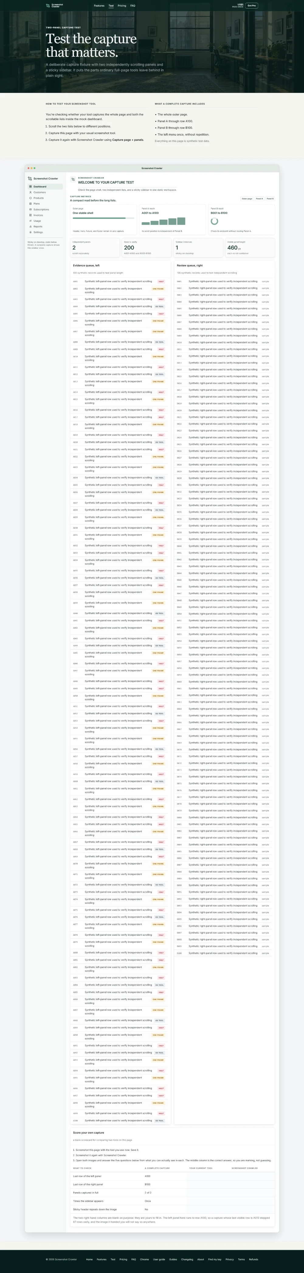 Screenshot Crawler Page + all panels capture of the two-panel test page. Both scrolling lists are expanded to their last rows, A100 and B100, inside the full page with the sidebar shown once.